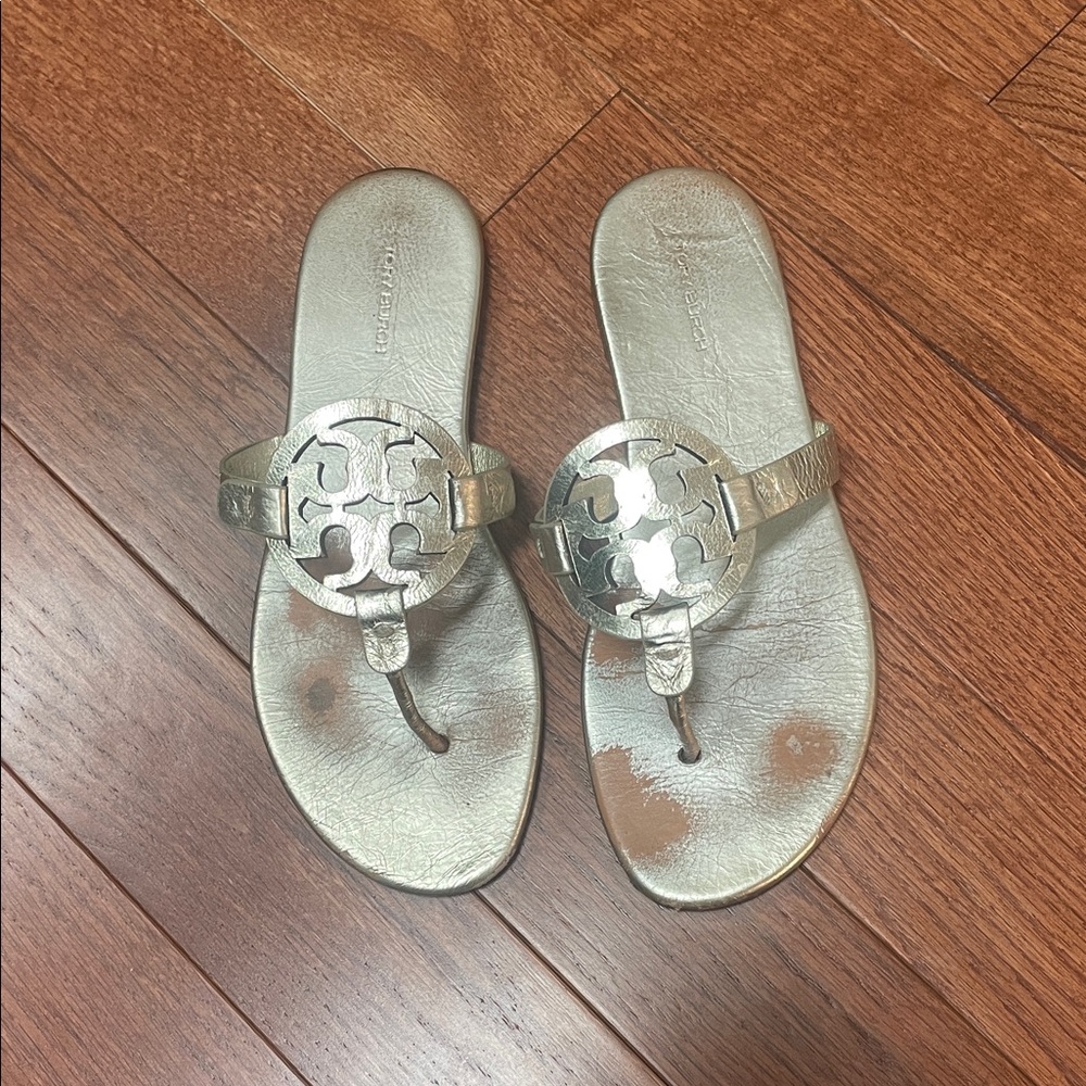 Tory Burch Metallic Gold Logo Thong Sandals